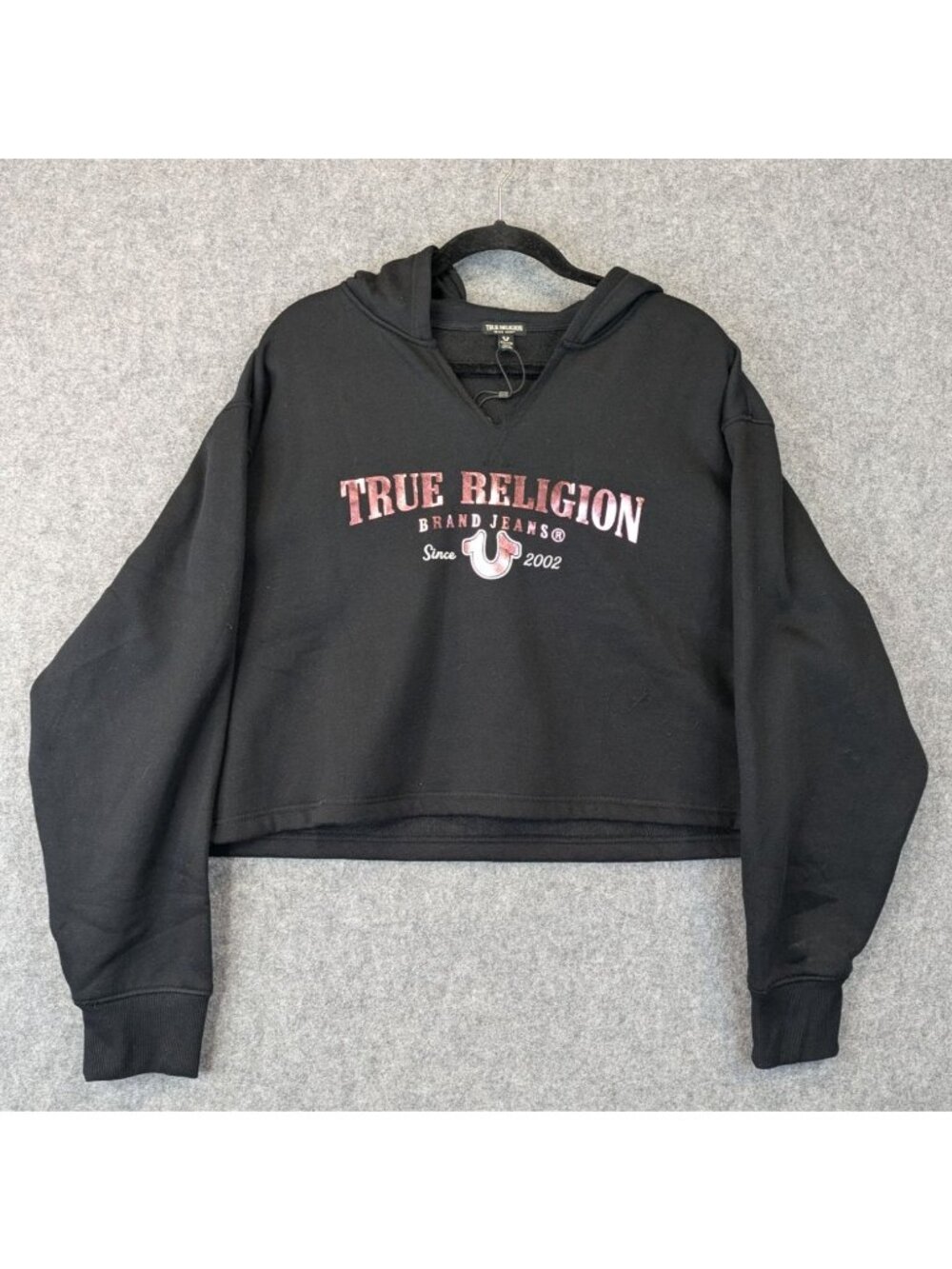 True Religion Black Cropped Notch Neck Hoodie Womens XXL MSRP $124 NWT
